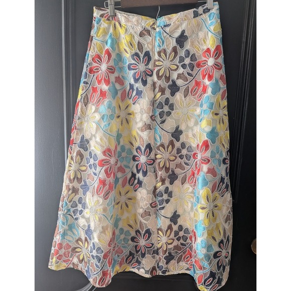 Anthropologie Eva Franco Floral‎ Embroidered Midi Skirt Cream Multicolor Sz 12 - Picture 2 of 10
